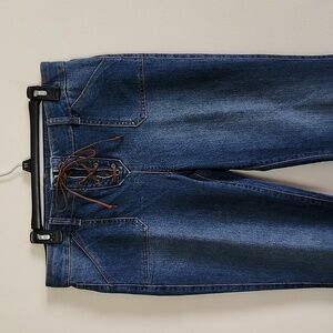 Love fire flare leg lace up med wash stretch denim jeans boho country festival